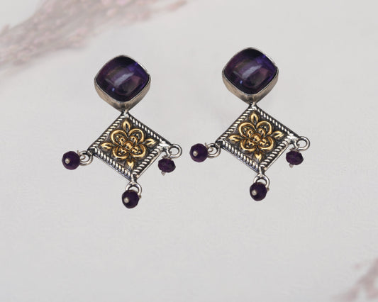 925 silver purple stone handcrafted earrings flat lay