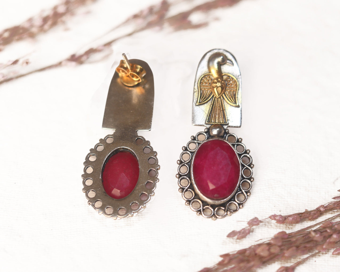 earrings sterling silver 925 ruby stone vintage setting detail