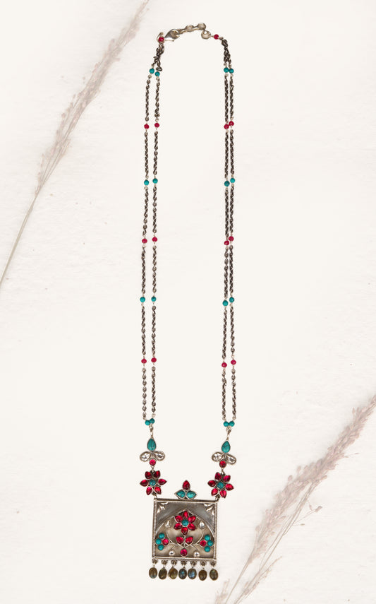 antique silver pendant necklace Rang Mahal enamel detail