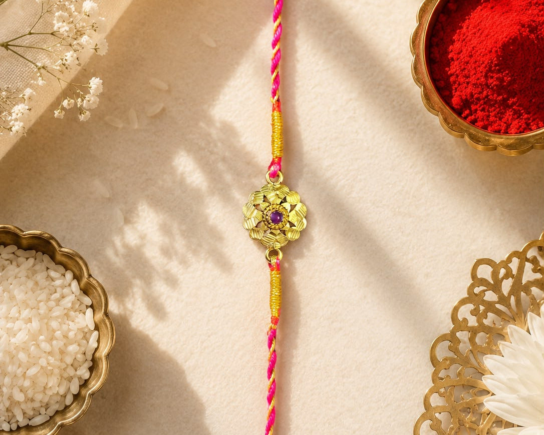 golden flower purple stone 925 sterling silver rakhi
