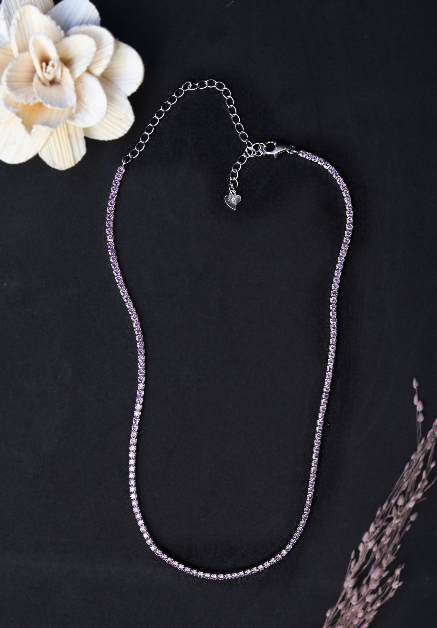 elegant sterling silver necklace lavender CZ tennis row detail