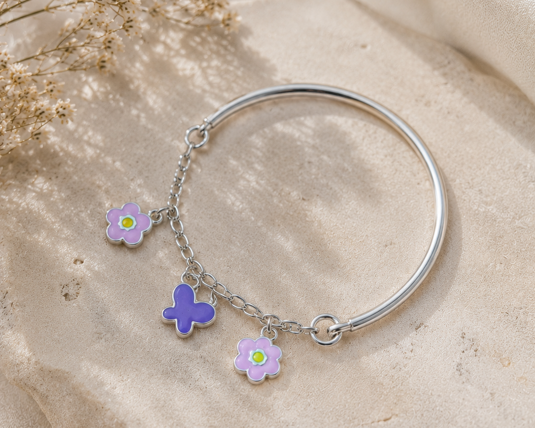 925 silver flower and butterfly charm kids bracelet"