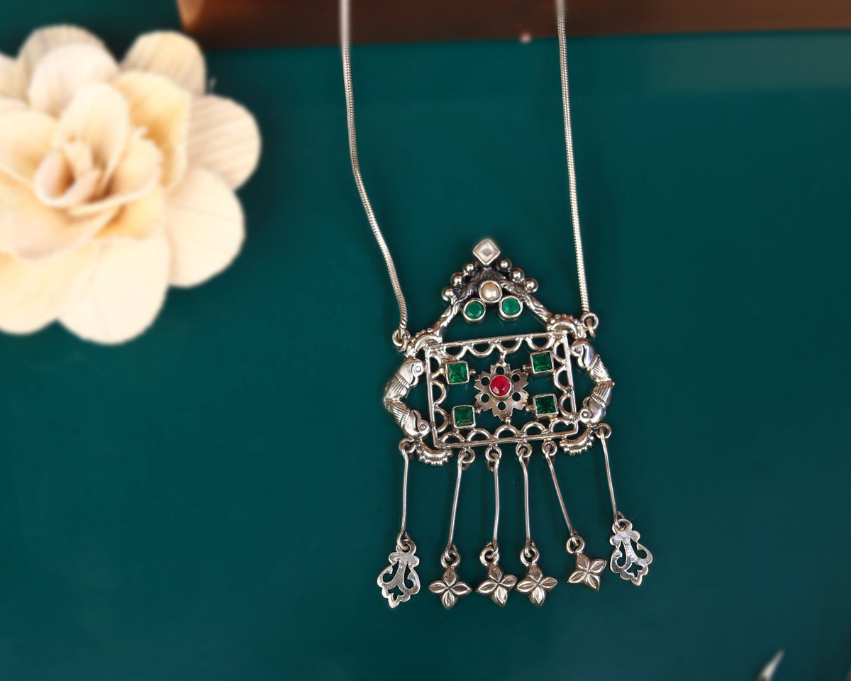 925 silver multicolor meenakari necklace flat lay