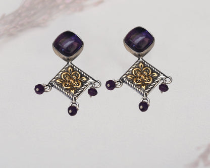 925 silver purple stone handcrafted earrings flat lay