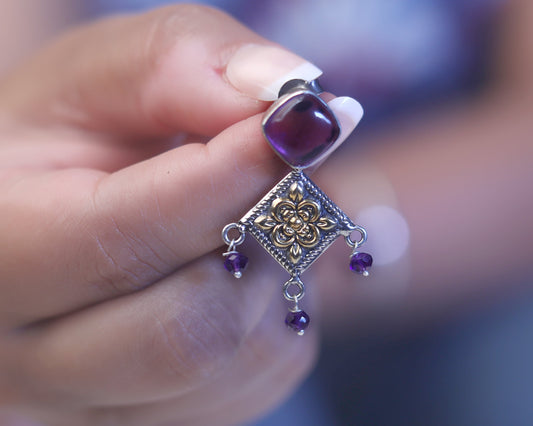 Close-up of purple stone earring setting detail
