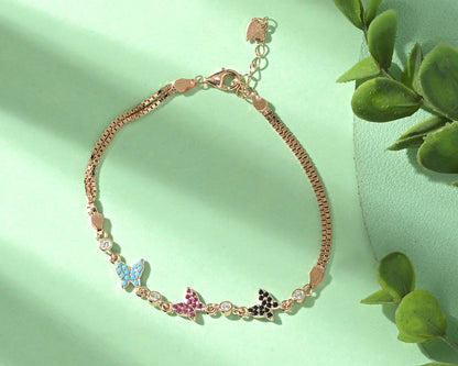 Puremoon Minimalist 925 Silver Butterfly Bracelet for Women – Three Butterfly Motif