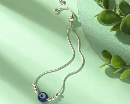 Puremoon 925 Sterling Silver Evil Eye Bracelet with Silver Beads for Women