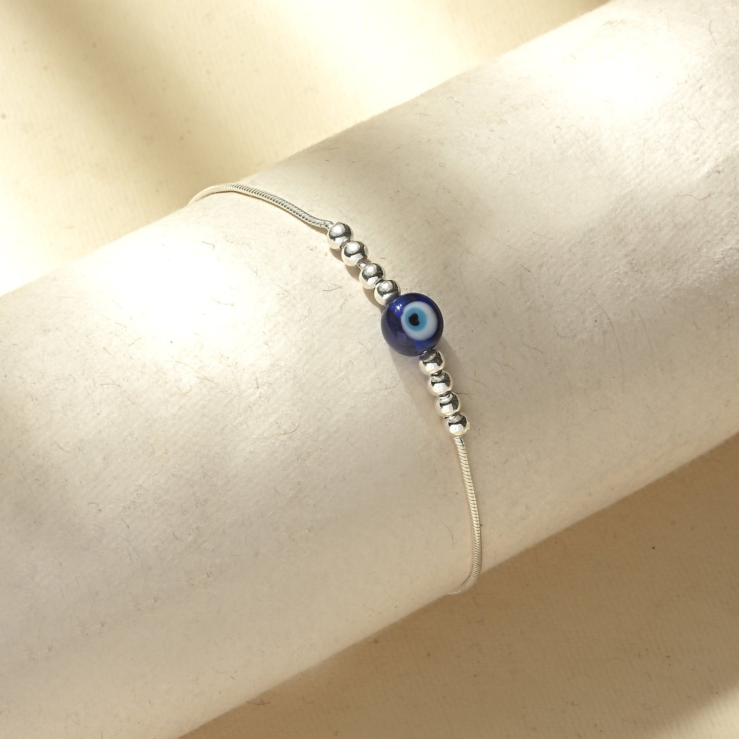 Puremoon 925 Sterling Silver Evil Eye Bracelet with Silver Beads for Women