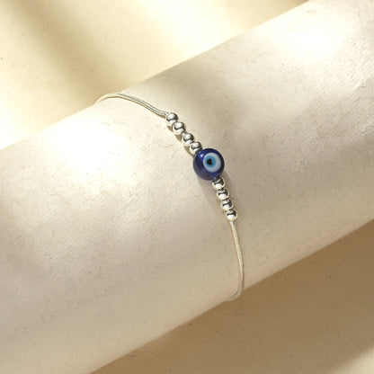 Puremoon 925 Sterling Silver Evil Eye Bracelet with Silver Beads for Women