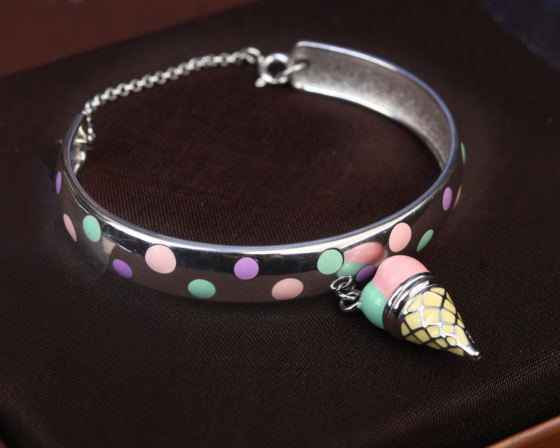 handmade charm bracelets polka dot print softy silver bangle