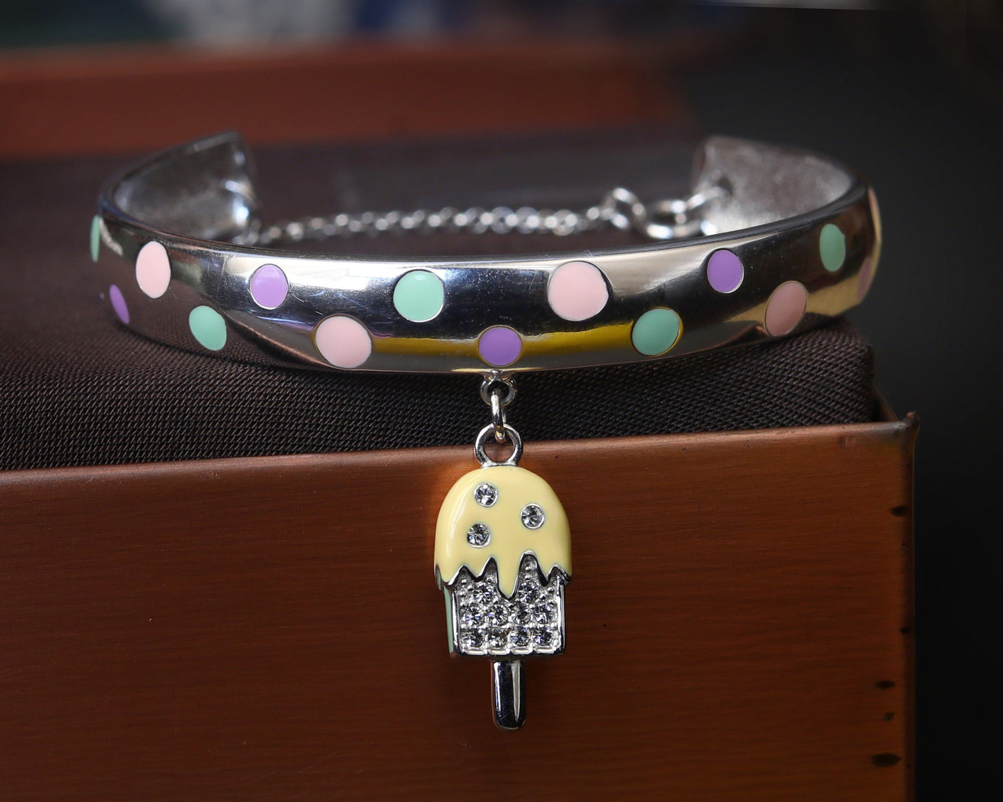 handmade charm bracelets polka dot print softy silver bangle