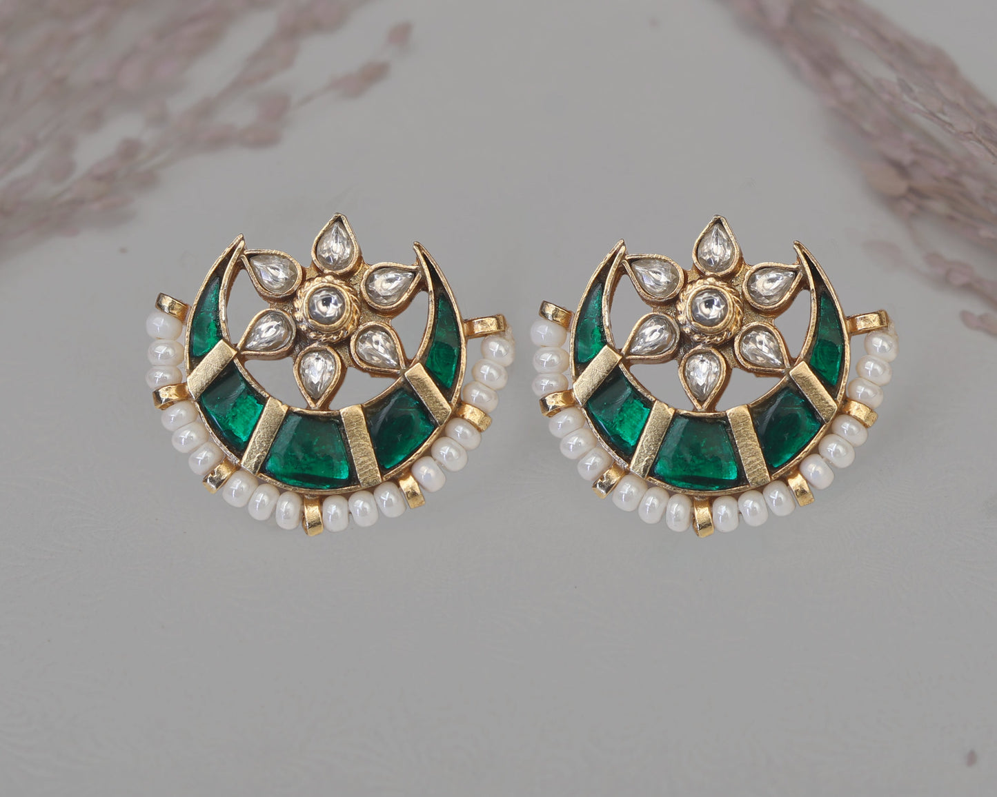 sterling silver stone earrings green ethnic setting detail