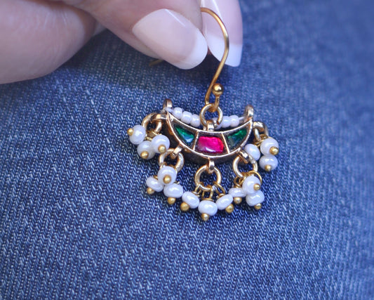 sterling silver pendant earrings pearl drop Meenakari gold