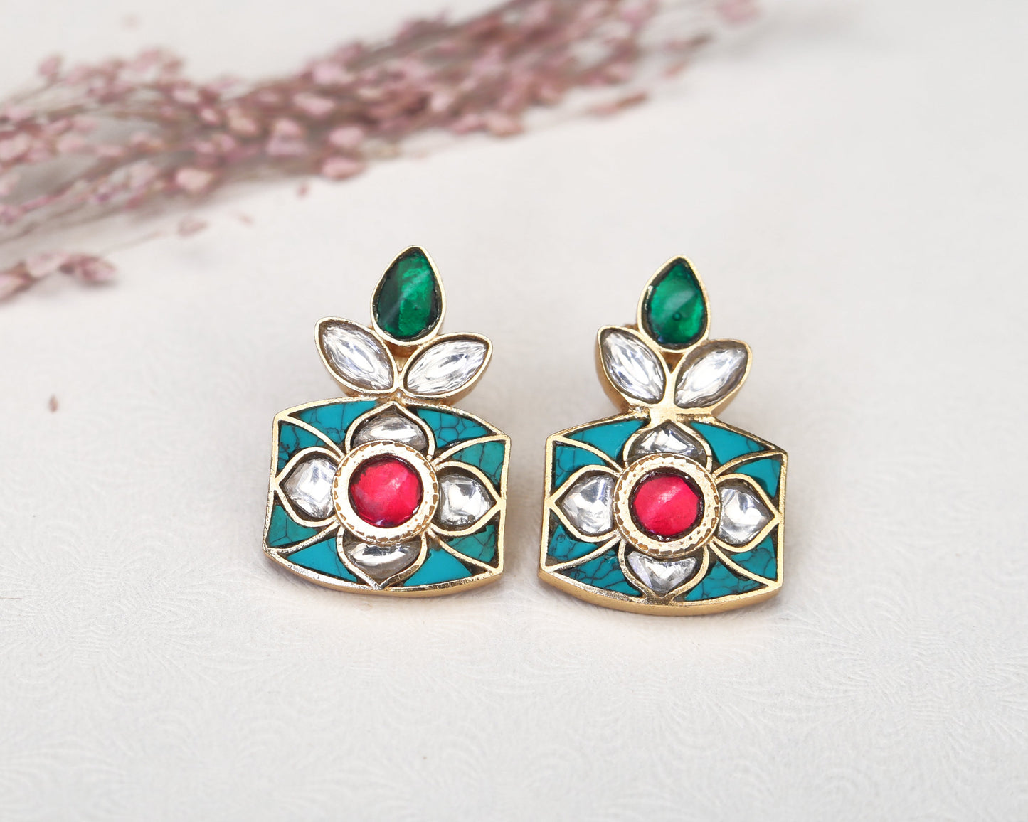 sterling silver oxidized earrings turquoise Meena floral detail