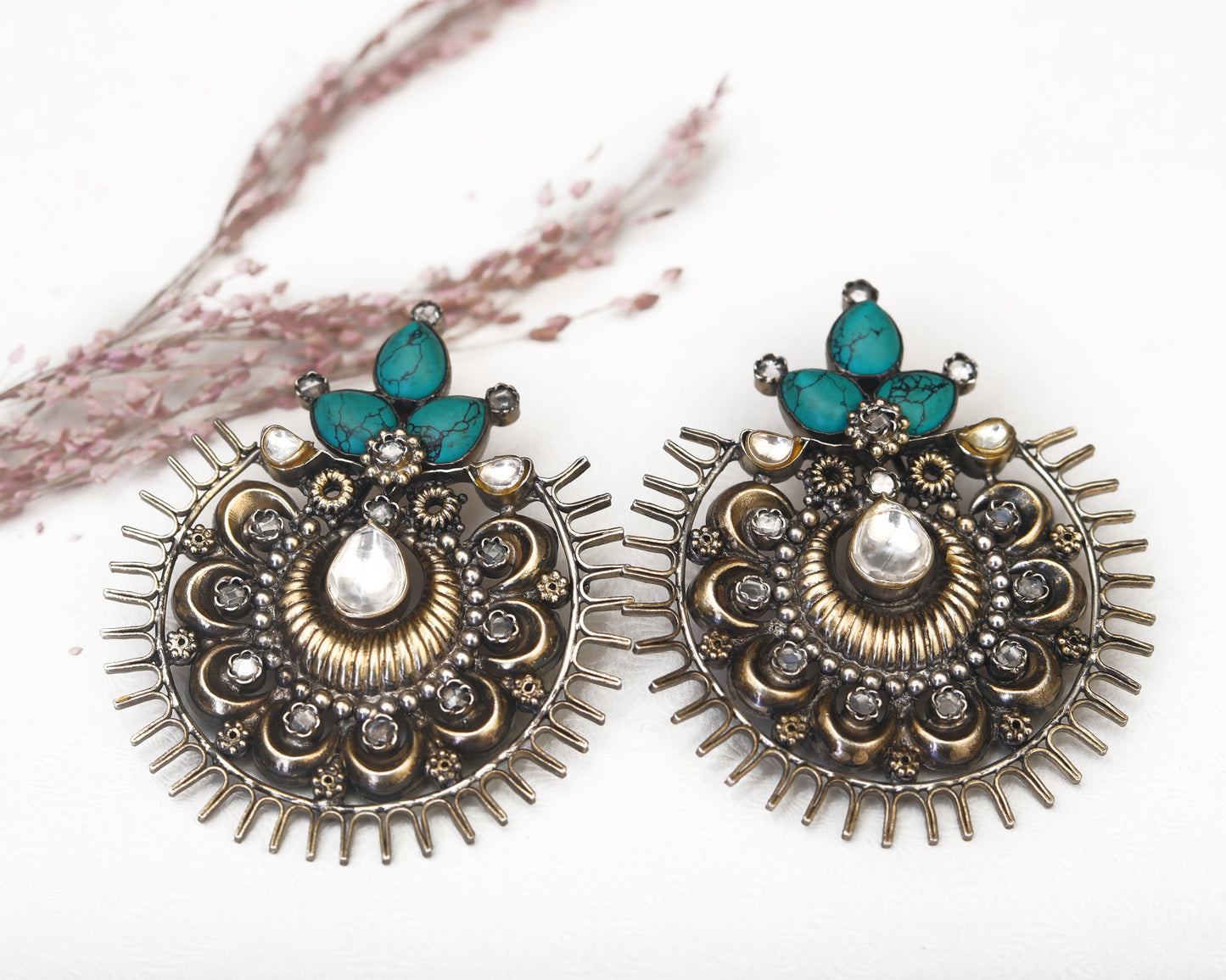 sterling silver oxidized earrings tribal Chandbali design