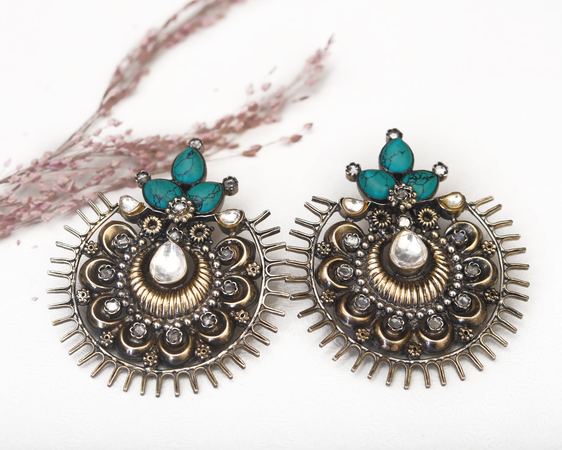 sterling silver oxidized earrings tribal Chandbali design