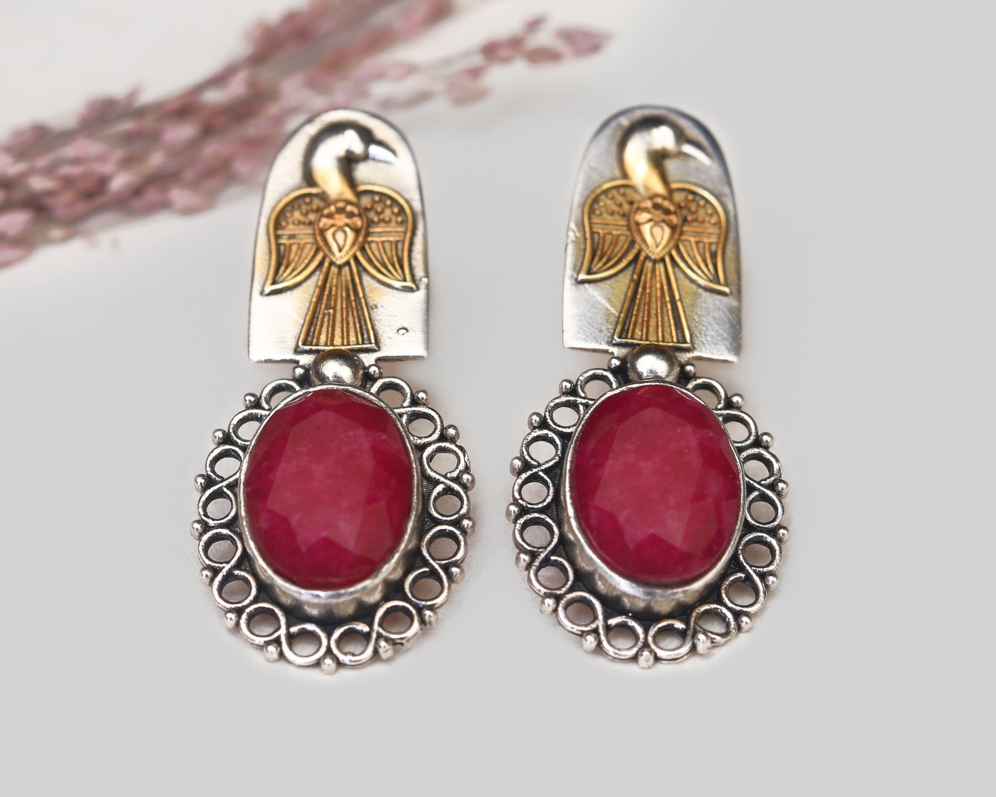 sterling silver pendant earrings ruby stone vintage drop worn