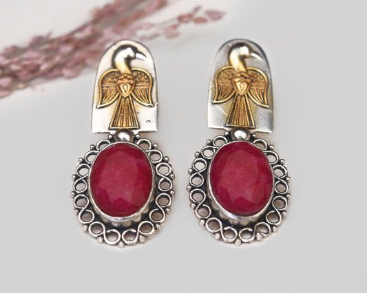 sterling silver pendant earrings ruby stone vintage drop worn