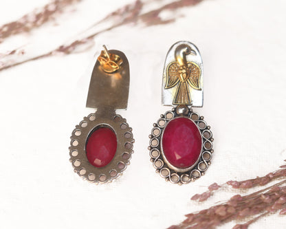 earrings sterling silver 925 ruby stone vintage setting detail