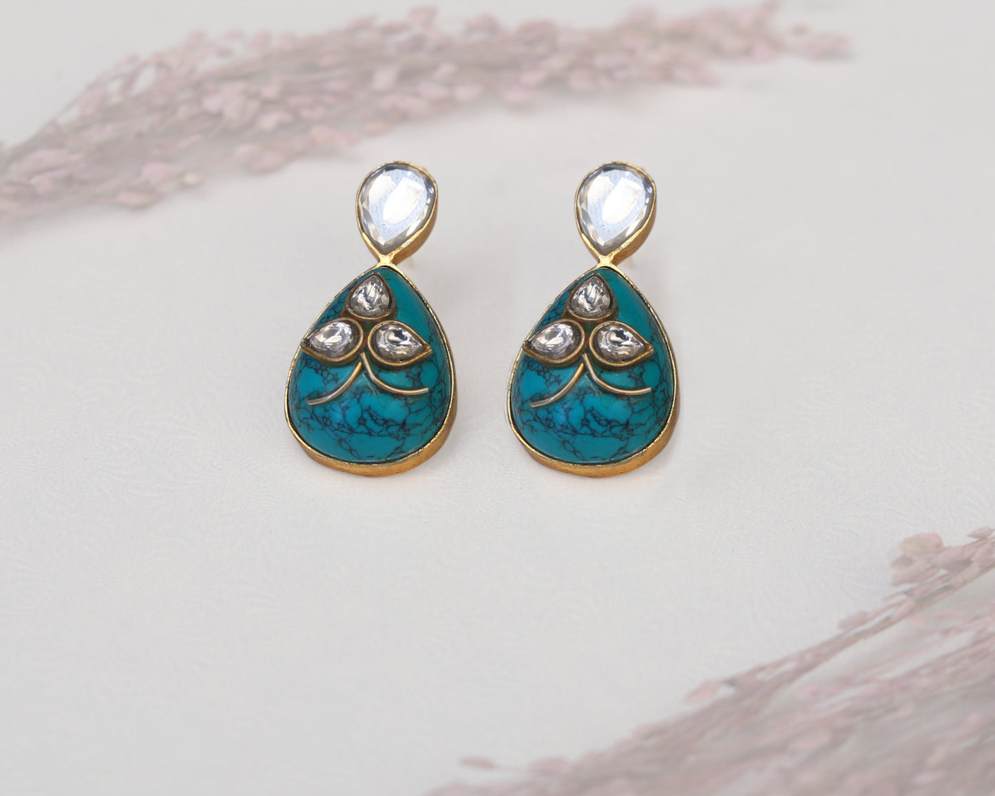 earrings sterling silver 925 turquoise Kundan setting detail