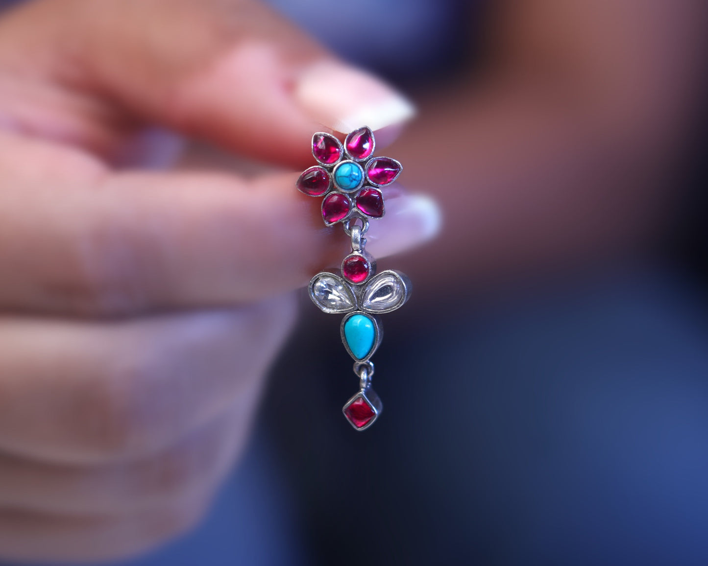 sterling silver stone earrings multicolor Kundan drop design