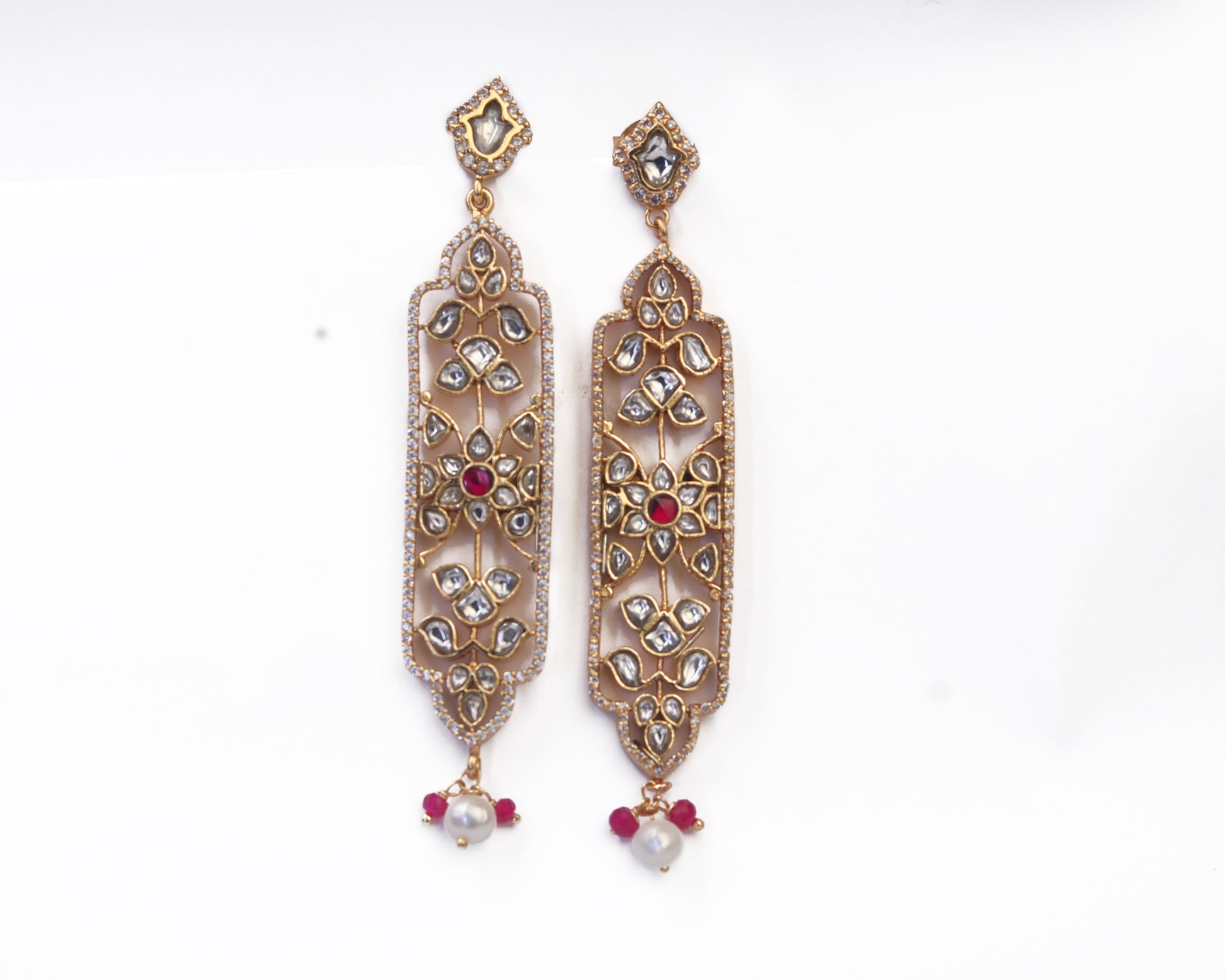 sterling silver stone earrings Polki uncut long drop detail