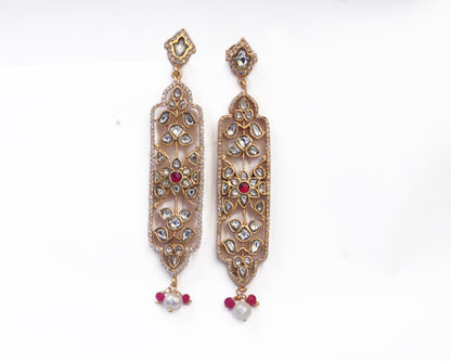 sterling silver stone earrings Polki uncut long drop detail