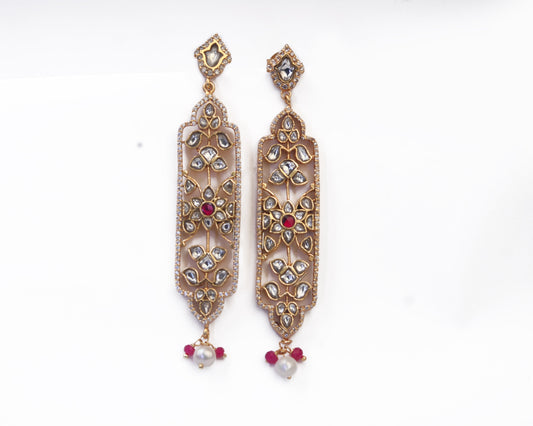 sterling silver stone earrings Polki uncut long drop detail