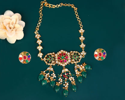 multi layered sterling silver necklace Navratna Kundan pearl drop set