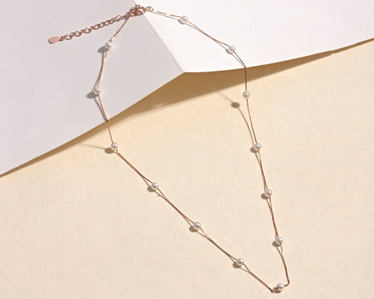 Puremoon 925 Silver Rose Gold Pearl Chain Necklace for Women (Elegant Pearl Design)