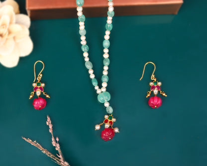 multi layered sterling silver necklace coral green bead set