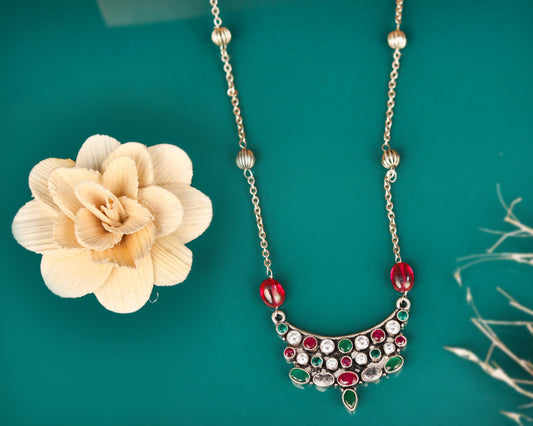 antique silver pendant necklace ruby emerald crescent design