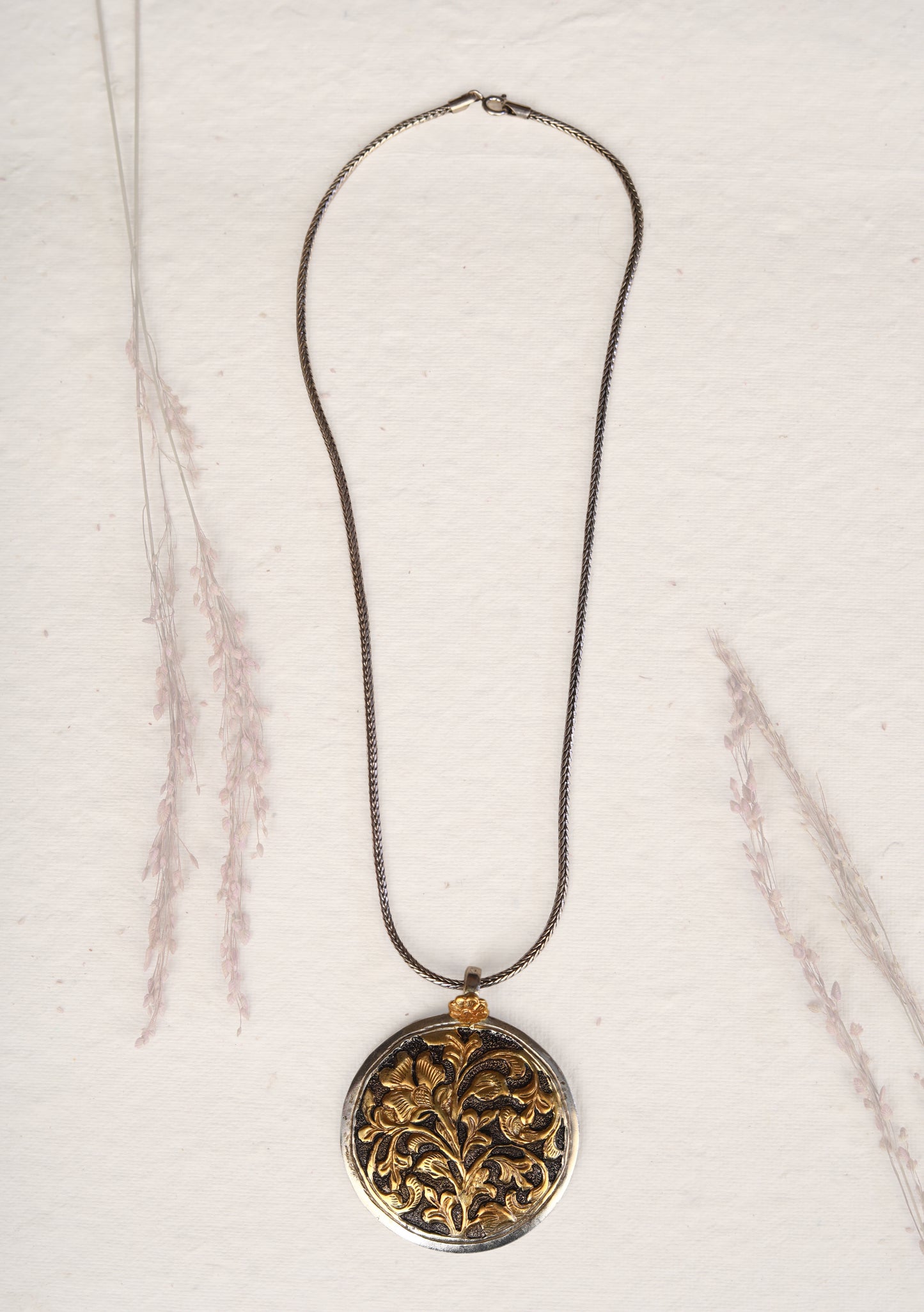 antique silver pendant necklace Pushpa Veda floral detail