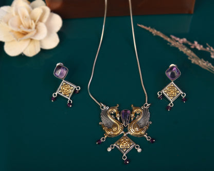 925 Silver Twin Swan Purple Stone Necklace