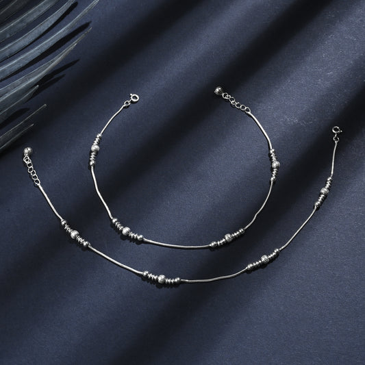 Puremoon 925 Silver Beaded Payal Anklet for Women