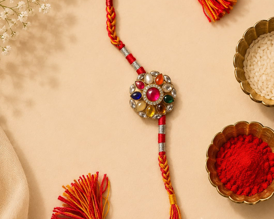 chandi rakhi bracelet Navrang royal stone nine colour finish