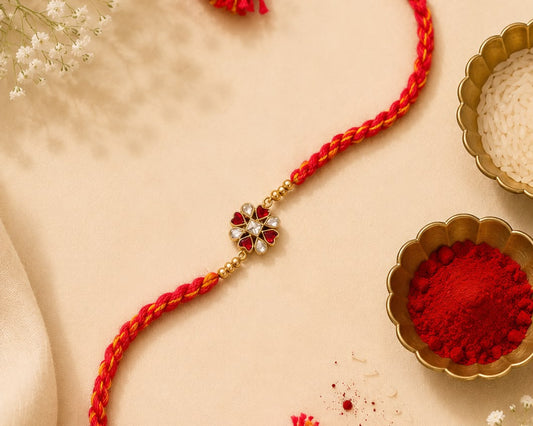 chandi rakhi bracelet ruby bloom Kundan flower finish