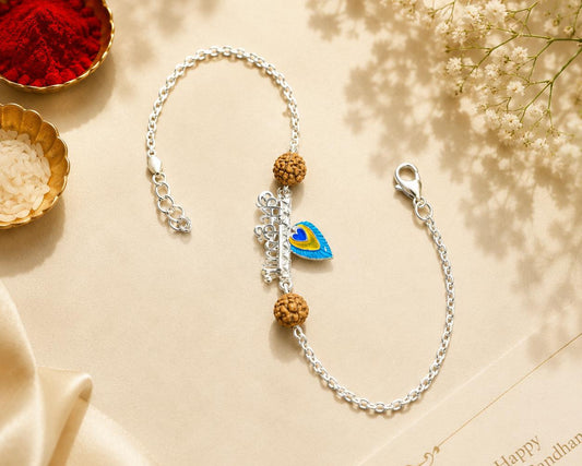 Krishna rakhi rudraksha mor pankh charm 925 sterling silver