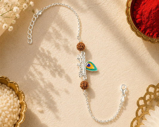 Krishna rakhi rudraksha mor pankh charm 925 sterling silver