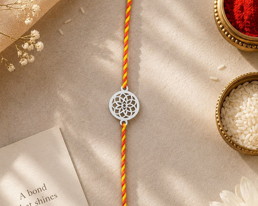 mandala 925 sterling silver rakhi red yellow thread