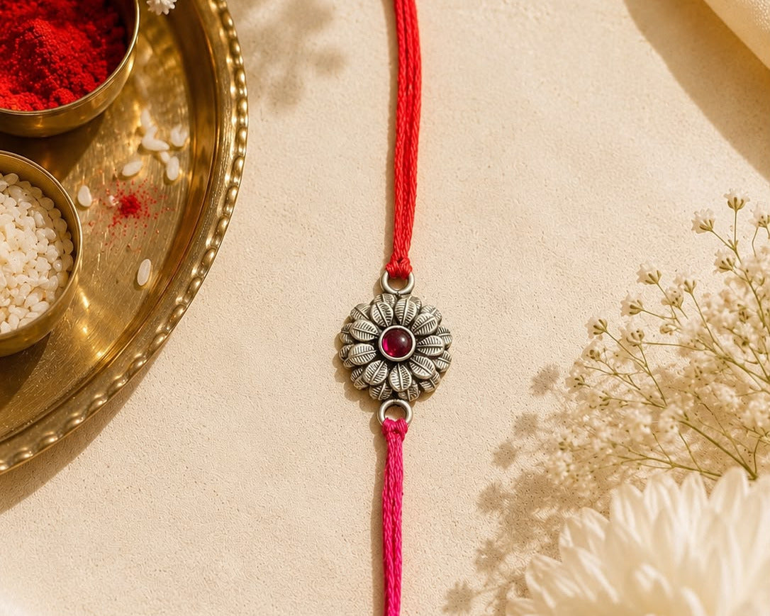 traditional floral 925 sterling silver rakhi red thread