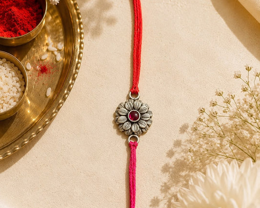 traditional floral 925 sterling silver rakhi red thread