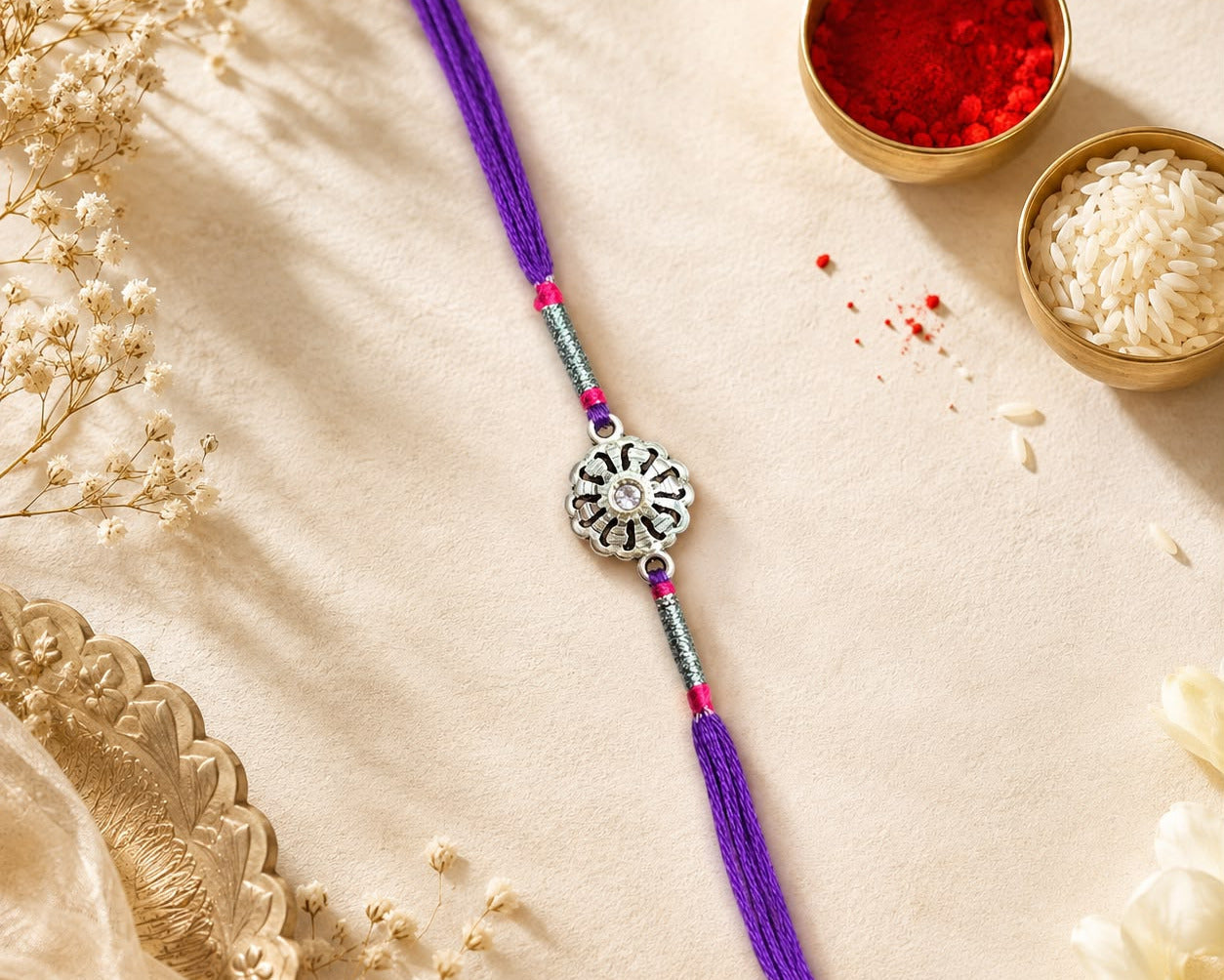 purple thread floral stone 925 sterling silver rakhi