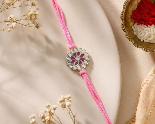 pure silver rakhi kundan stone setting pink floral hallmarked