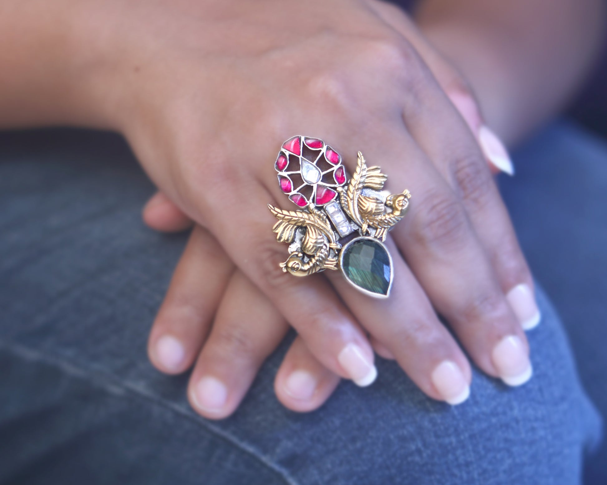 sterling 925 ring dual peacock artisan design