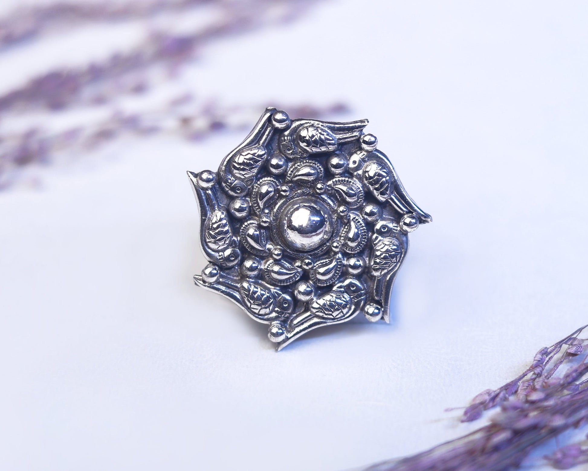vintage 925 sterling silver rings oxidised flower design