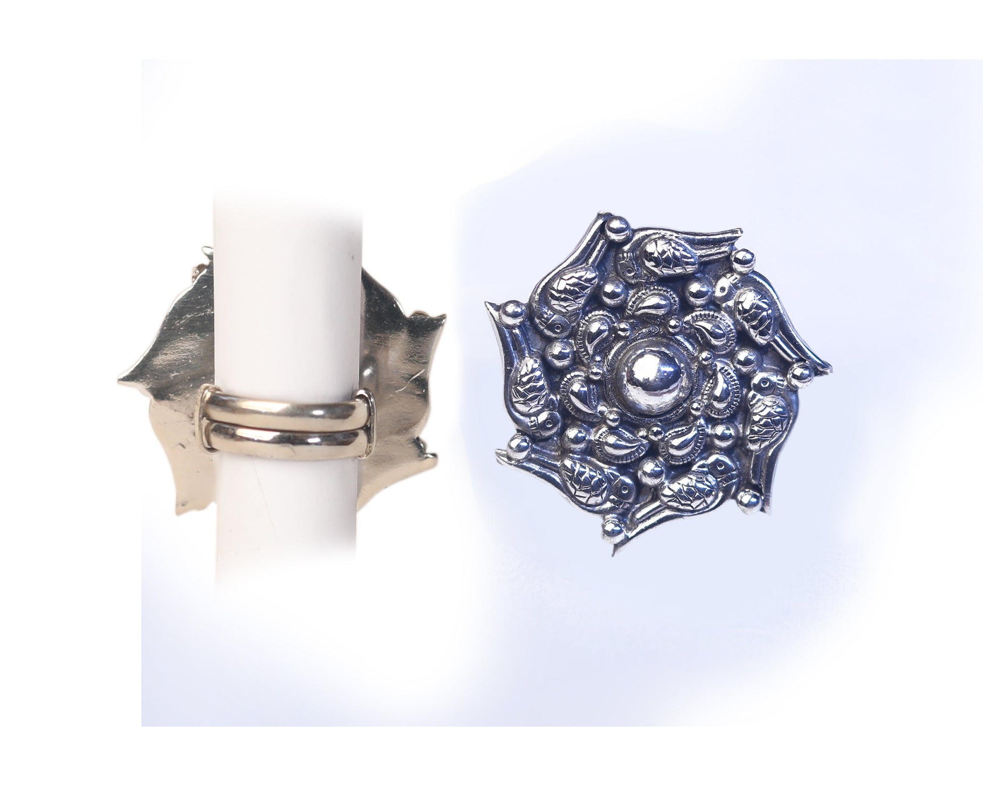 ring sterling silver 925 oxidised floral detailing