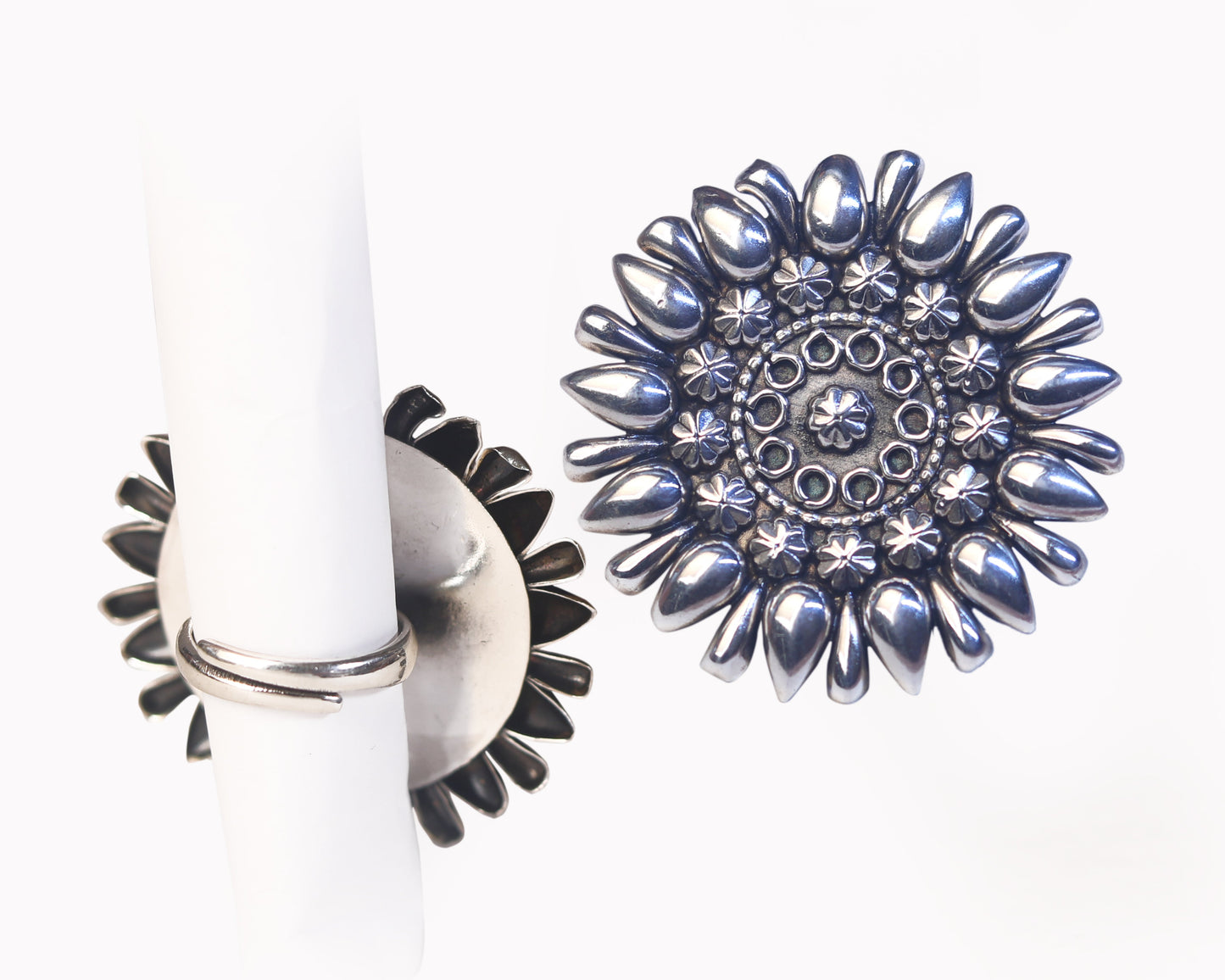 sterling 925 ring sunburst cocktail worn on woman's finger
